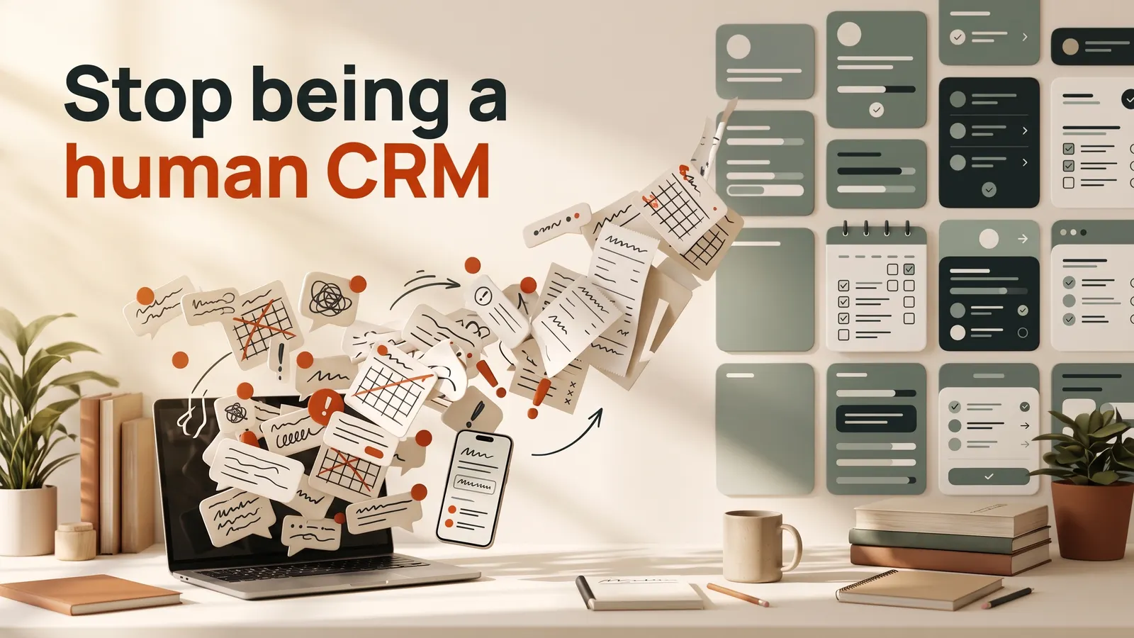 Messages and spreadsheets flying out of a laptop into an organized client dashboard, with the headline Stop being a human CRM