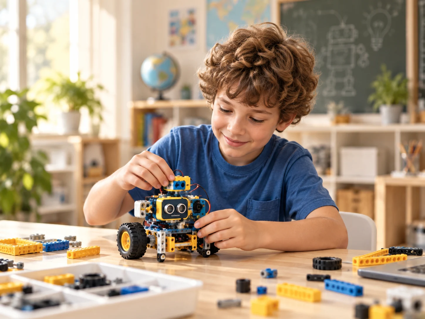 A child building an educational robot